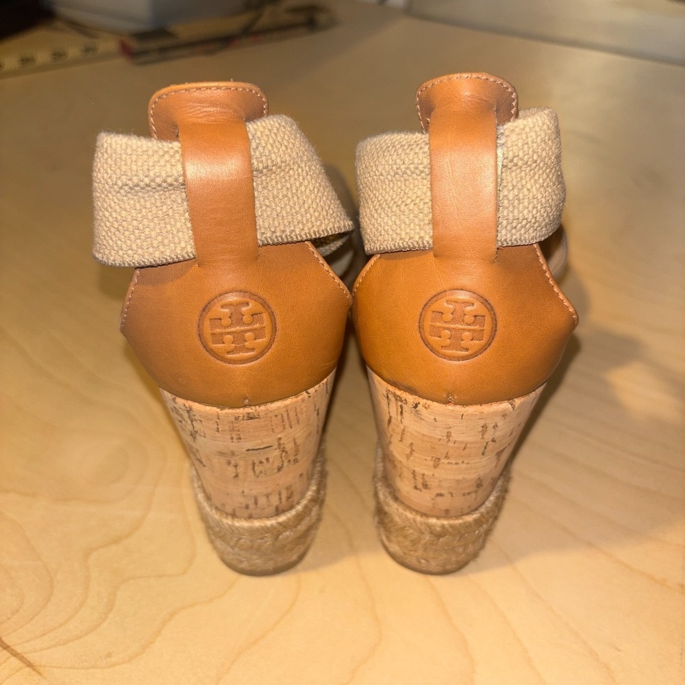 Tory Burch Natanya Espadrille Wedges Women Sz 7 Beige Linen Cork Sandal Spain - Picture 3 of 12